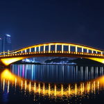**Prompt:** Yeongildae Bridge at night, magical atmosphere, lights reflecting in the water, romantic evening walk, focus on the bridge's artistic design.
