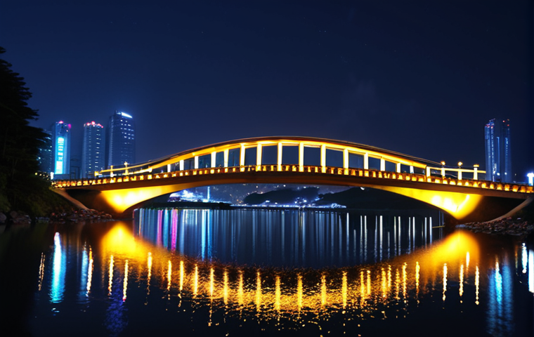 **Prompt:** Yeongildae Bridge at night, magical atmosphere, lights reflecting in the water, romantic evening walk, focus on the bridge's artistic design.